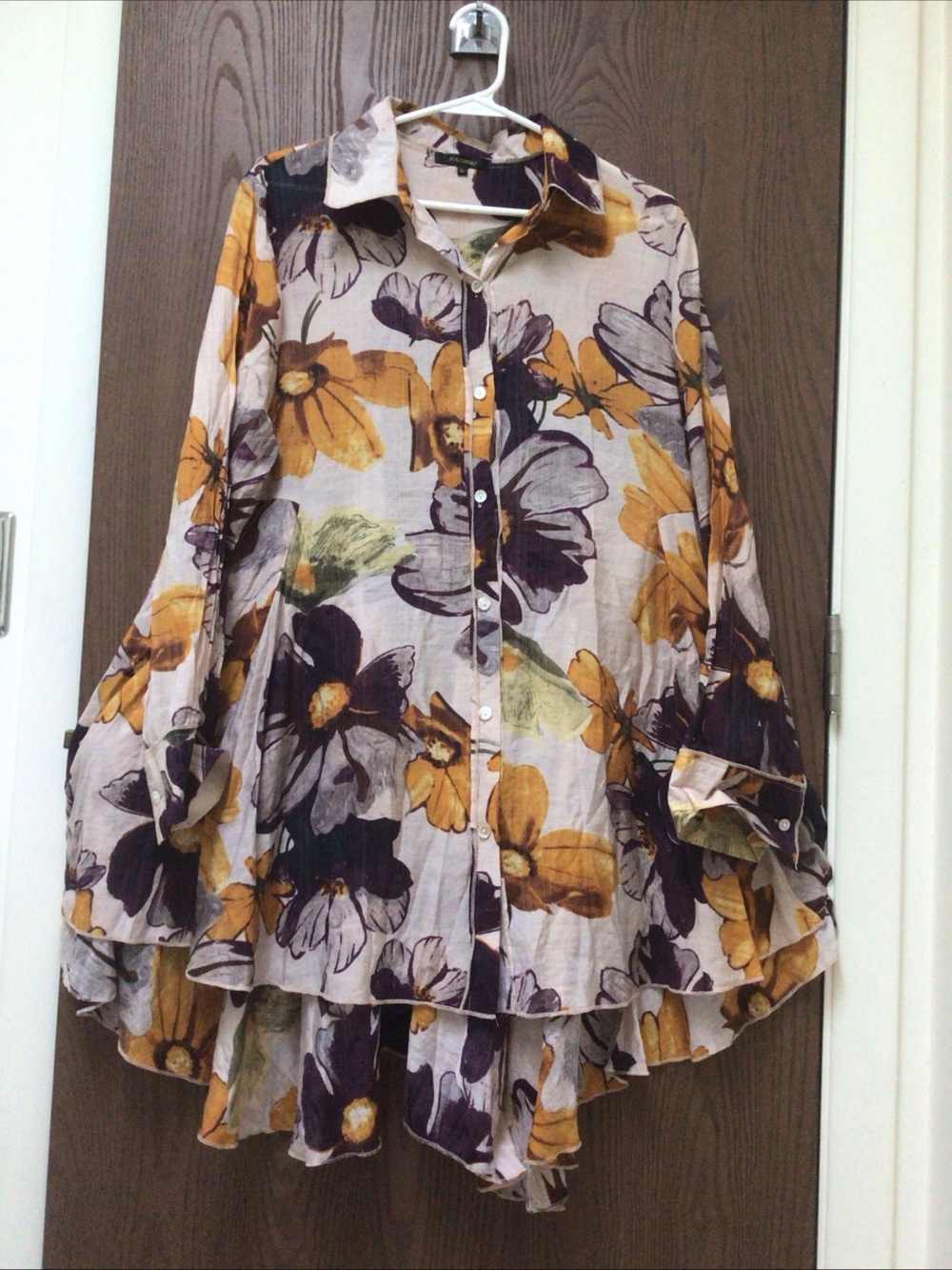 Radzoli swing tunic top, viscose nylon, floral yellow, purple, cream, sz XL